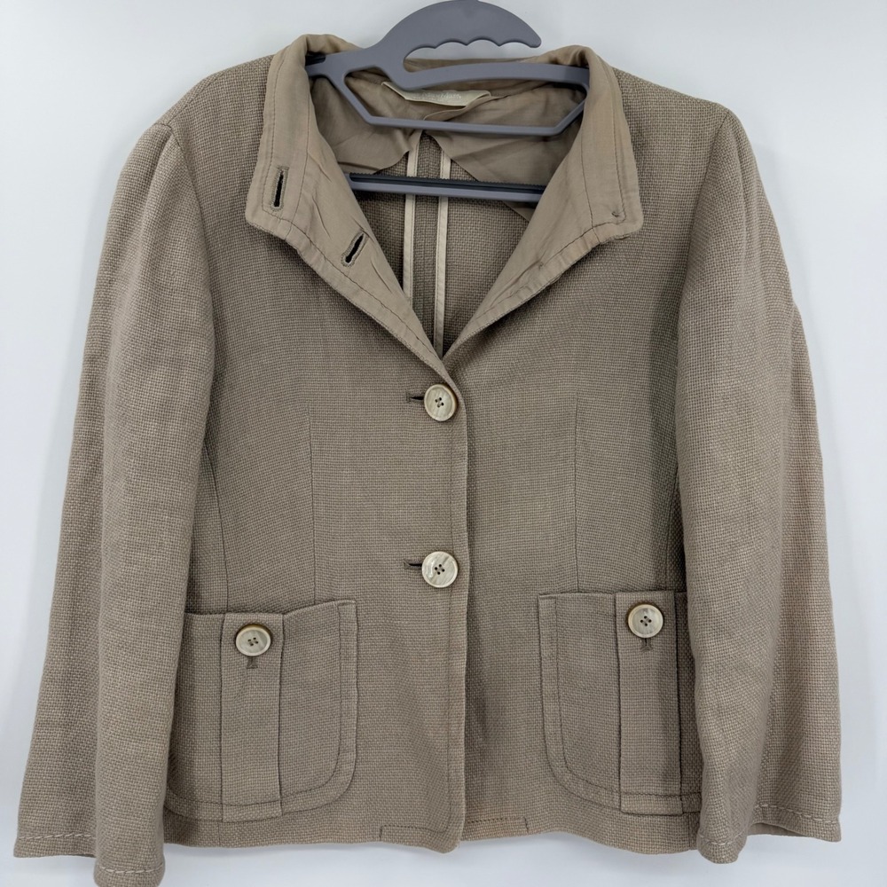 S Max Mara Linen Cotton Basketweave Jacket Beige Mandarin Collar US 4 IT 38